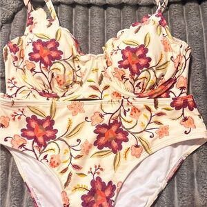 Floral Cream Two-Piece Bikini Set with Pink & Purple Flowers
